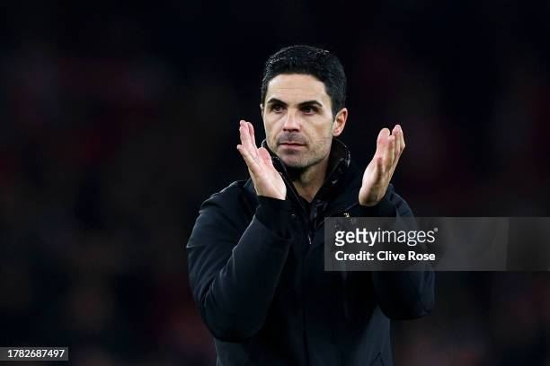 Mikel Arteta, Manager of Arsenal, applauds the fans after the UEFA Champions League match between Arsenal FC and Sevilla FC at Emirates Stadium on...