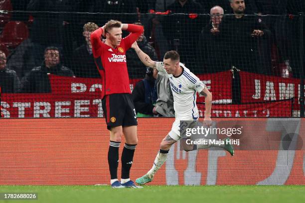 Lukas Lerager of FC Copenhagen celebrates after scoring the team's third goal during the UEFA Champions League match between F.C. Copenhagen and...