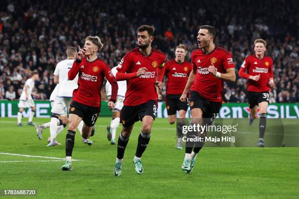 Bruno Fernandes of Manchester United celebrates after scoring the team's third goal from the penalty spot during the UEFA Champions League match...