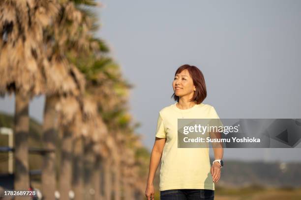 a woman enjoying a vacation trip in the fall. - aichi prefecture stock pictures, royalty-free photos & images
