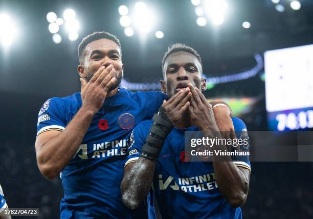 Nicolas Jackson of Chelsea celebrates scoring his first goal with Reece James during the Premier League match between Tottenham Hotspur and Chelsea...