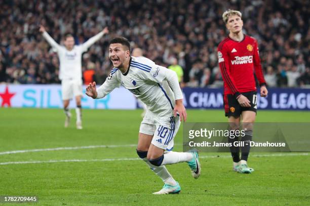 Roony Bardghji of FC Copenhagen celebrates after scoring his side's fourth goal during the UEFA Champions League match between F.C. Copenhagen and...