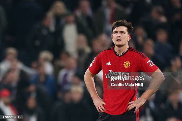 Harry Maguire of Manchester United looks dejected following the team's defeat during the UEFA Champions League match between F.C. Copenhagen and...