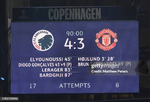 The scoreboard shows the final score after the UEFA Champions League match between F.C. Copenhagen and Manchester United at Parken Stadium on...