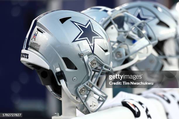 Dallas Cowboys helmets are seen against the Philadelphia Eaglesat Lincoln Financial Field on November 05, 2023 in Philadelphia, Pennsylvania.