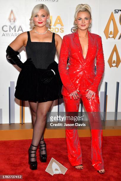 Kendra Slaubaugh and Krista Slaubaugh of Tigirlily Gold attend the 57th Annual CMA Awards at Bridgestone Arena on November 08, 2023 in Nashville,...