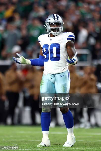 DeMarcus Lawrence of the Dallas Cowboys reacts against the Philadelphia Eagles at Lincoln Financial Field on November 05, 2023 in Philadelphia,...