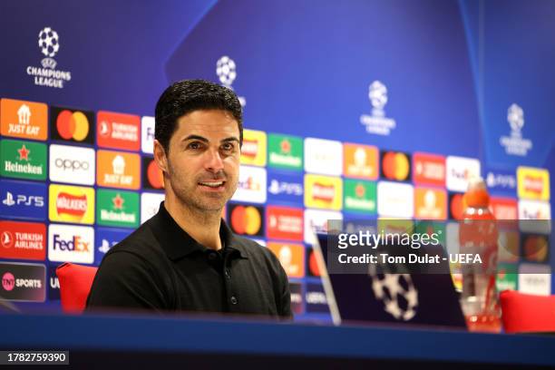 Mikel Arteta, Manager of Arsenal, speaks to the media in the post match press conference following the UEFA Champions League match between Arsenal FC...