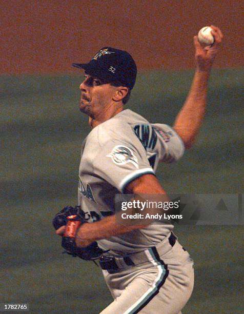 Pitcher Kevin Brown of the Florida Marlins pitches against the Atlanta Braves in game six of the National League Championship Series at Turner Field...