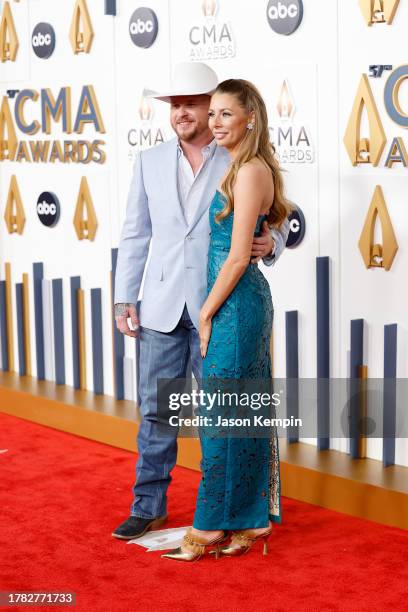 Cody Johnson and Brandi Johnson attend the 57th Annual CMA Awards at Bridgestone Arena on November 08, 2023 in Nashville, Tennessee.