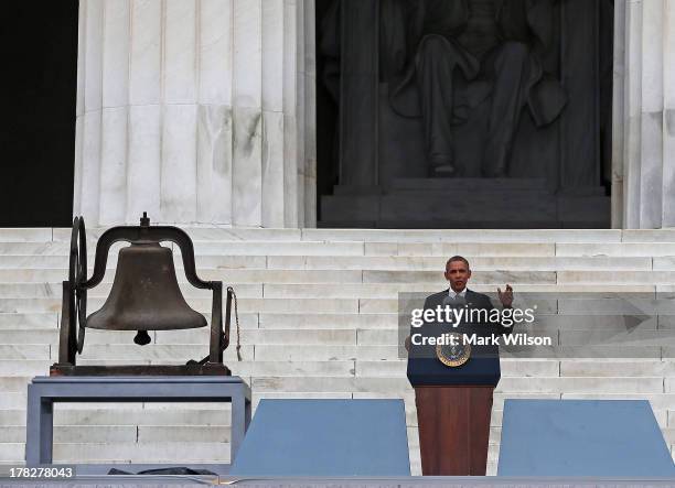 President Barack Obama speaks during the ceremony to commemorate the 50th anniversary of the March on Washington for Jobs and Freedom August 28, 2013...