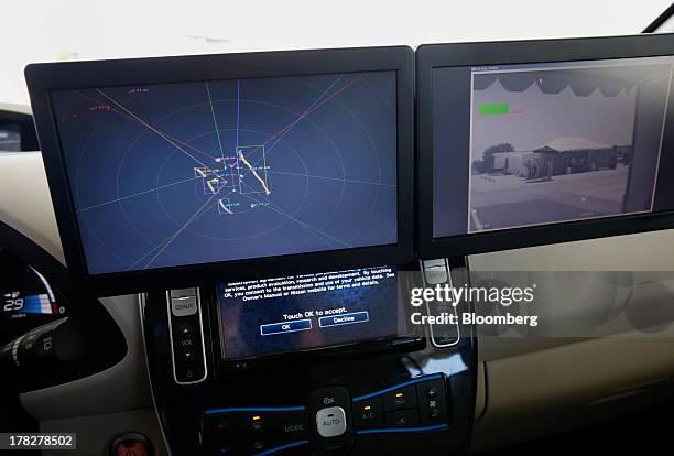 Panels show laser sensor and camera sensor information on the Nissan Autonomous Drive Leaf electric vehicle seen on a test track during the Nissan...