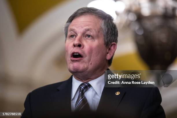 Sen. Steve Daines speaks to reporters following the weekly Senate Republican caucus lunch at the U.S. Capitol on November 14, 2023 in Washington, DC....