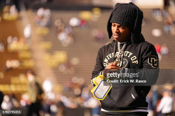 American singer and rapper Jacquees looks on during the Colorado vs Arizona game at Folsom Field. Boulder, CO CREDIT: Erick W. Rasco