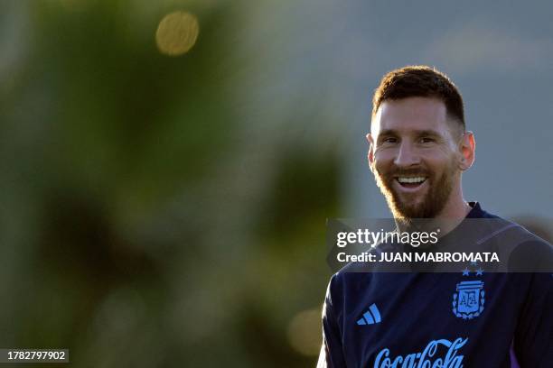 Argentina's forward Lionel Messi gestures during a training session in Ezeiza, Buenos Aires on November 14 ahead of the FIFA World Cup 2026 qualifier...