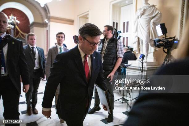 Speaker of the House Mike Johnson walks towards the House chamber at the U.S. Capitol on November 14, 2023 in Washington, DC. The House of...