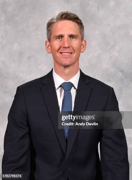 Kris Knoblauch of the Edmonton Oilers poses for his official headshot for the 2023-2024 season on November 14, 2023 at Rogers Place in Edmonton,...