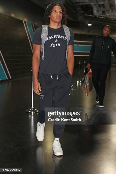 Nathan Cayo of the Memphis Hustle arrives at the arena before the game against the Charlotte Hornets during the In-Season Tournament on November 14,...