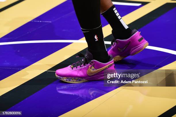 The sneakers worn by LeBron James of the Los Angeles Lakers before the game against the Memphis Grizzlies during the In-Season Tournament on November...