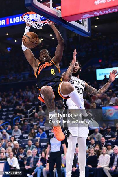 Jalen Williams of the Oklahoma City Thunder dunks the ball during the first half against the San Antonio Spurs in an NBA In-Season Tournament game at...