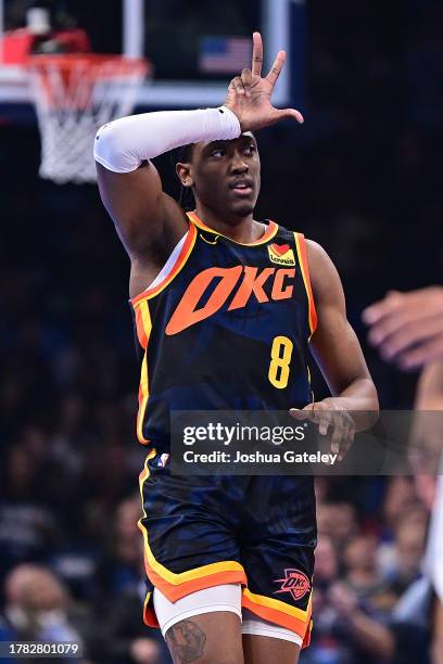 Jalen Williams of the Oklahoma City Thunder celebrates a made three point basket during the first half against the San Antonio Spurs in an NBA...