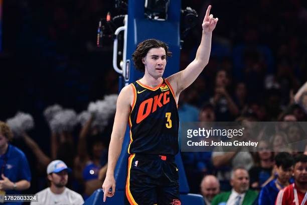 Josh Giddey of the Oklahoma City Thunder celebrates a made basket against the San Antonio Spurs during the second half of an NBA In-Season Tournament...