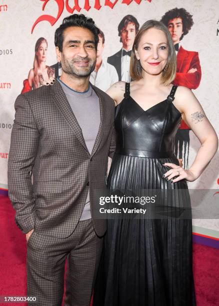 Kumail Nanjiani and Emily V. Gordon at the premiere of "Saltburn" held at The Theatre at Ace Hotel on November 14, 2023 in Los Angeles, California.