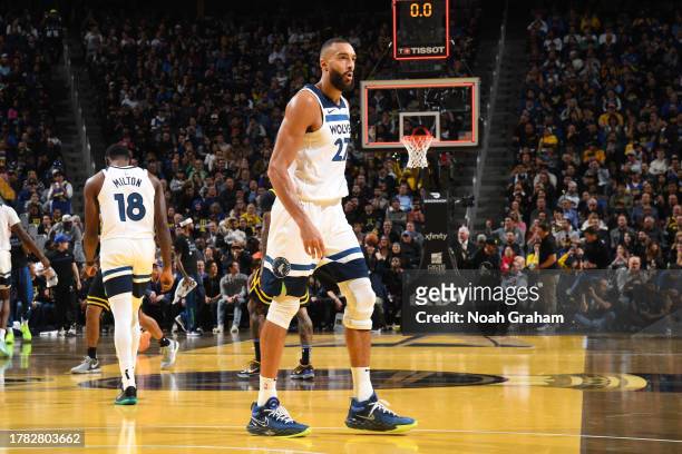Rudy Gobert of the Minnesota Timberwolves looks on during the game against the Golden State Warriors during the In-Season Tournament on November 14,...