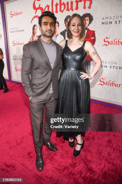 Kumail Nanjiani and Emily V. Gordon at the premiere of "Saltburn" held at The Theatre at Ace Hotel on November 14, 2023 in Los Angeles, California.