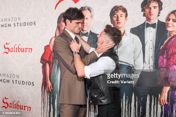 Jacob Elordi and Barry Keoghan at the premiere of "Saltburn" held at The Theatre at Ace Hotel on November 14, 2023 in Los Angeles, California.