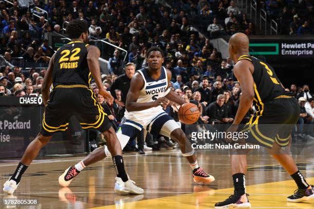 Anthony Edwards of the Minnesota Timberwolves dribbles the ball during the game against the Golden State Warriors during the In-Season Tournament on...