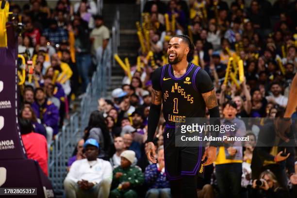 Angelo Russell of the Los Angeles Lakers smiles during the game against the Memphis Grizzlies during the In-Season Tournament on November 14, 2023 at...