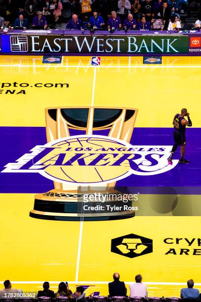 LeBron James of the Los Angeles Lakers stands on the court during the In-Season Tournament on November 14, 2023 at Crypto.Com Arena in Los Angeles,...
