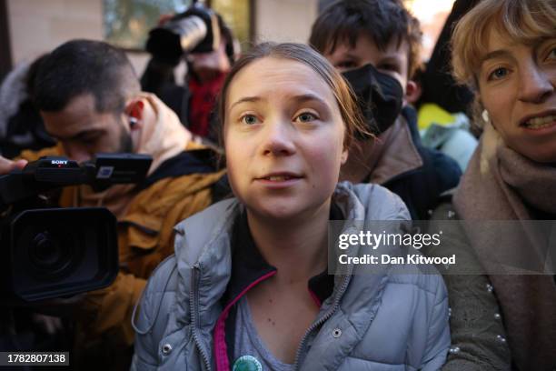 Swedish environmental activist Greta Thunberg arrives at Westminster Magistrates Court on November 15, 2023 in London, England. Greta Thunberg was...