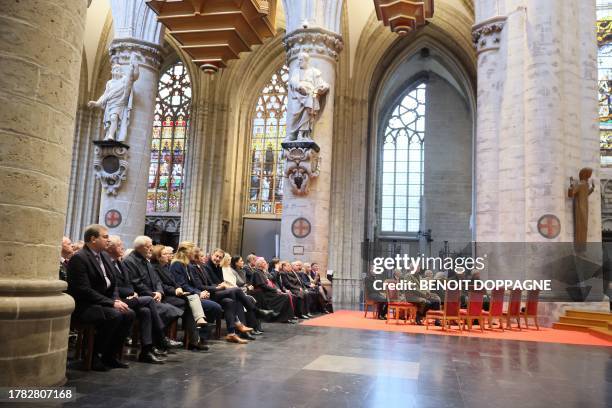 Members of the royal family attend the Te Deum mass, on the occasion of the King's Feast, at the Saint Michael and St Gudula Cathedral , in Brussels,...