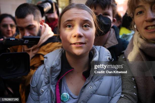 Swedish environmental activist Greta Thunberg arrives at Westminster Magistrates Court on November 15, 2023 in London, England. Greta Thunberg was...