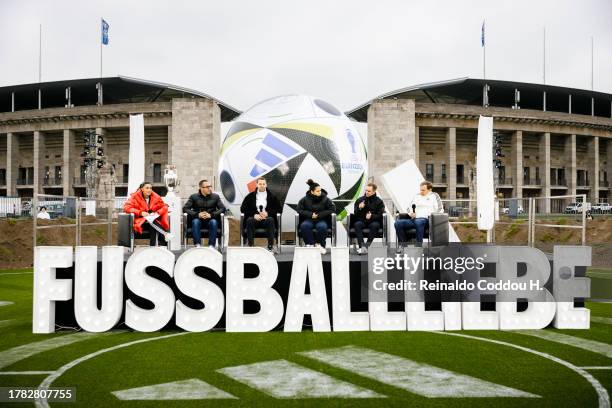 Björn Gulden , Philipp Lahm , Celia Sasic , Manuel Neuer, Sam Handy and host Valentina Marceri are seen on stage during the UEFA EURO 2024 Adidas...