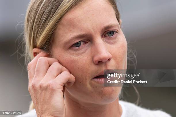 Meg Lanning speaks to the media during a media opportunity announcing her international cricket retirement at Melbourne Cricket Ground on November...