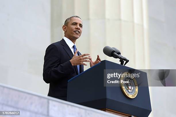 President Barack Obama delivers remarks during the "Let Freedom Ring" commemoration event August 28, 2013 in Washington, DC. The event was to...