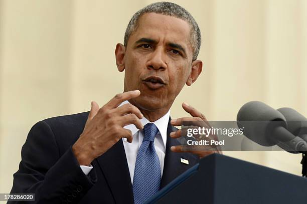 President Barack Obama delivers remarks during the "Let Freedom Ring" commemoration event August 28, 2013 in Washington, DC. The event was to...