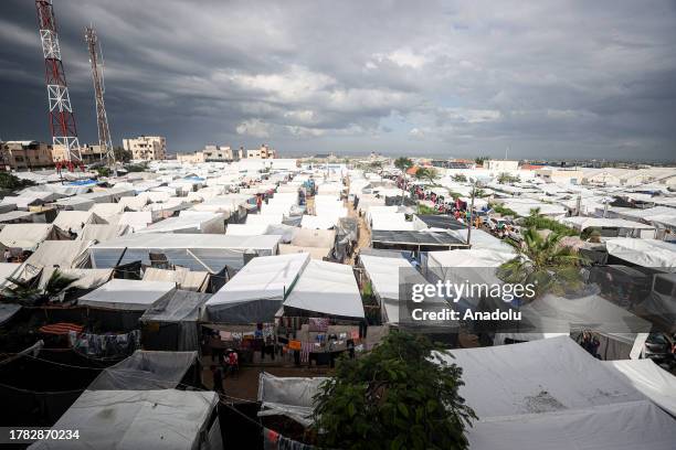 View of the United Nations Relief and Works Agency refugee camp located in Khan Yunis, Gaza where displaced Palestinian families take shelter as...