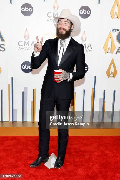 Post Malone attends the 57th Annual CMA Awards at Bridgestone Arena on November 08, 2023 in Nashville, Tennessee.