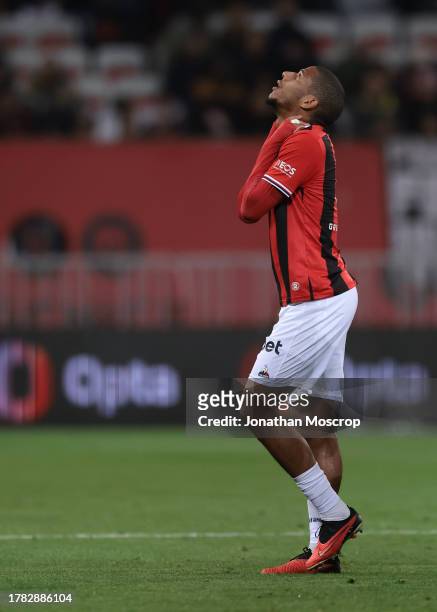 Jean-Clair Todibo of OGC Nice reacts as he holds his neck as he leaves the field of play for treatment during the Ligue 1 Uber Eats match between OGC...