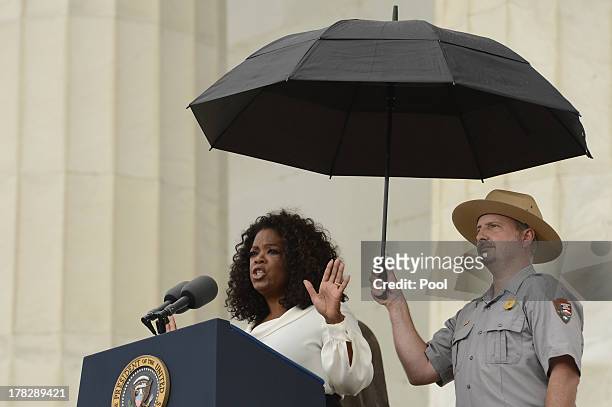 Oprah Winfrey delivers remarks during the 'Let Freedom Ring' commemoration event, at the Lincoln Memorial August 28, 2013 in Washington, DC. The...