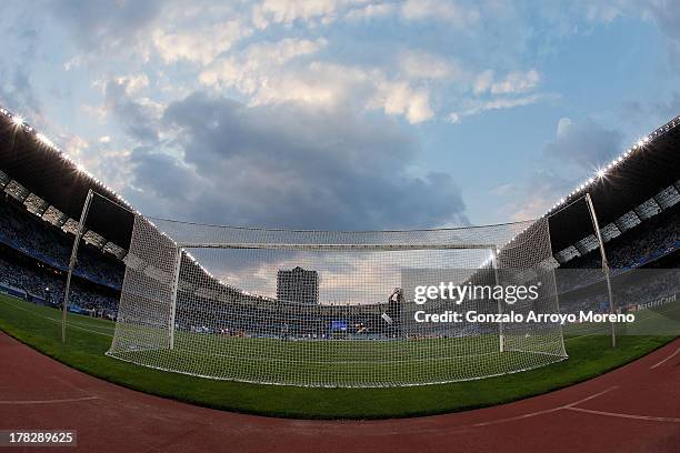 General view of Anoeta stadium during the training up prior to start the UEFA Champions League Play-offs second leg match between Real Sociedad and...