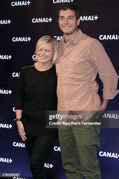 Ali Baddou and Anne Elisabeth Lemoine at the 'Rentree De Canal +' photocall at Porte De Versailles on August 28, 2013 in Paris, France.