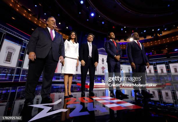 Republican presidential candidates , former New Jersey Gov. Chris Christie, former U.N. Ambassador Nikki Haley, Florida Gov. Ron DeSantis, Vivek...