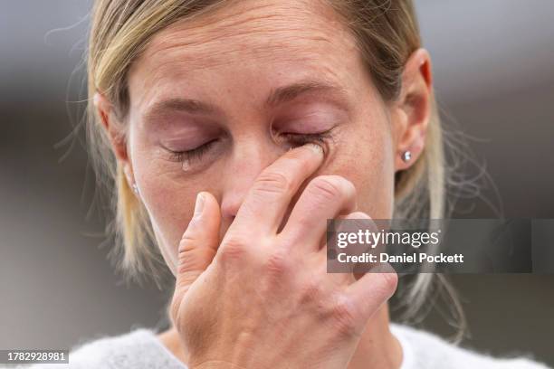 Meg Lanning displays emotion as she speaks to the media during a media opportunity announcing her international cricket retirement at Melbourne...