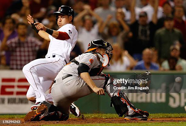 Matt Wieters of the Baltimore Orioles fields a late throw as Jacoby Ellsbury of the Boston Red Sox scores the tying run in the 7th inning at Fenway...