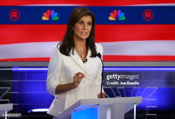 Republican presidential candidate former U.N. Ambassador Nikki Haley speaks during the NBC News Republican Presidential Primary Debate at the...